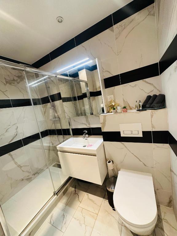 une salle de bain avec des toilettes blanches et un lavabo dans l'établissement Palais T2 300m de la plage parking en résidence, à Cannes