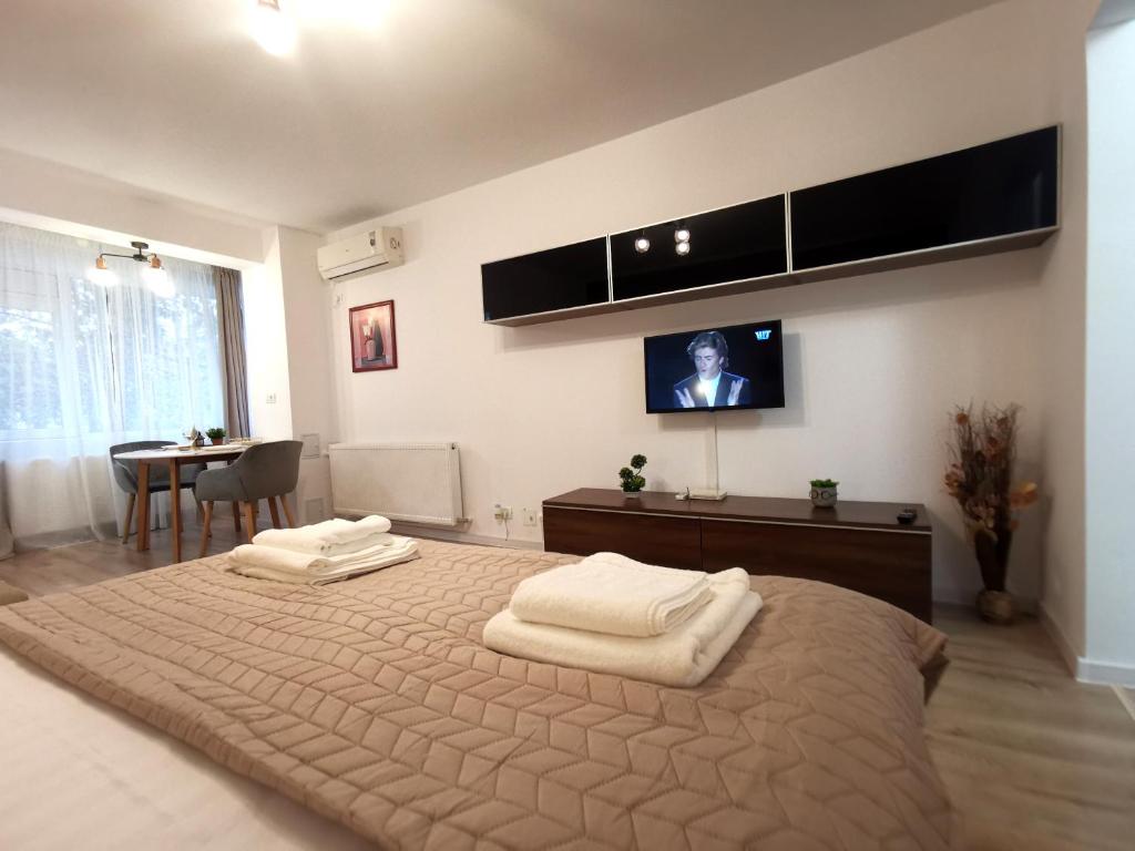 a bedroom with a large bed with a tv on the wall at ALDIRA Studio Arena Nationala in Bucharest