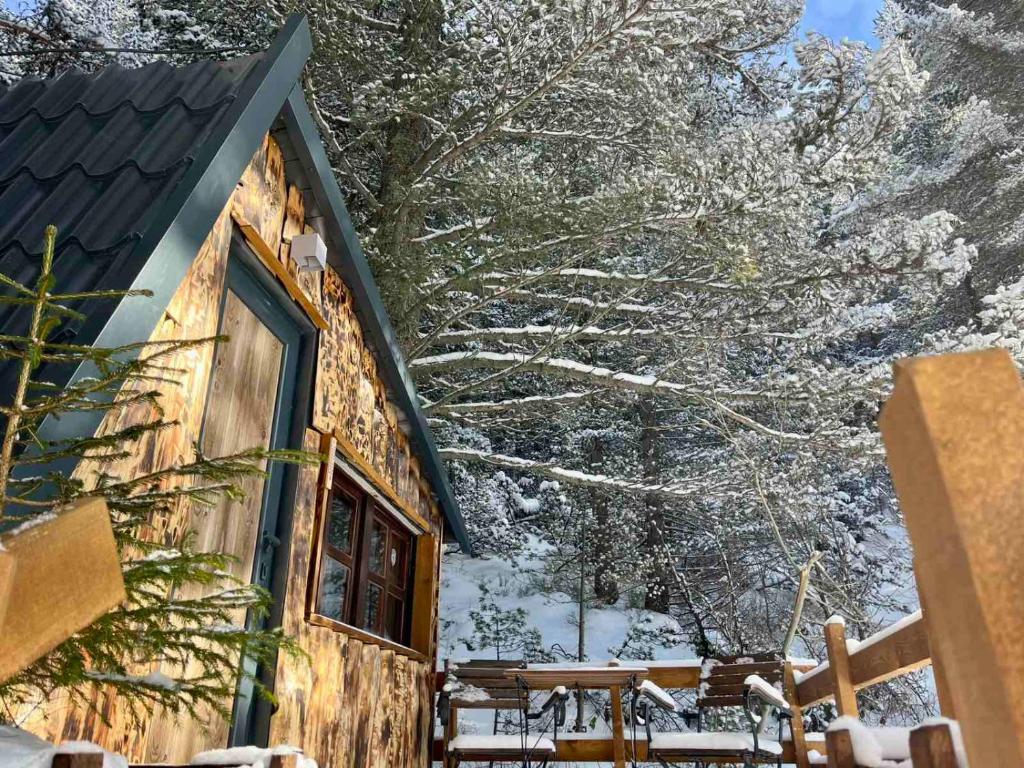 a cabin in the snow with a table at Quattro Malyovitsa- Мальовица in Govedartsi