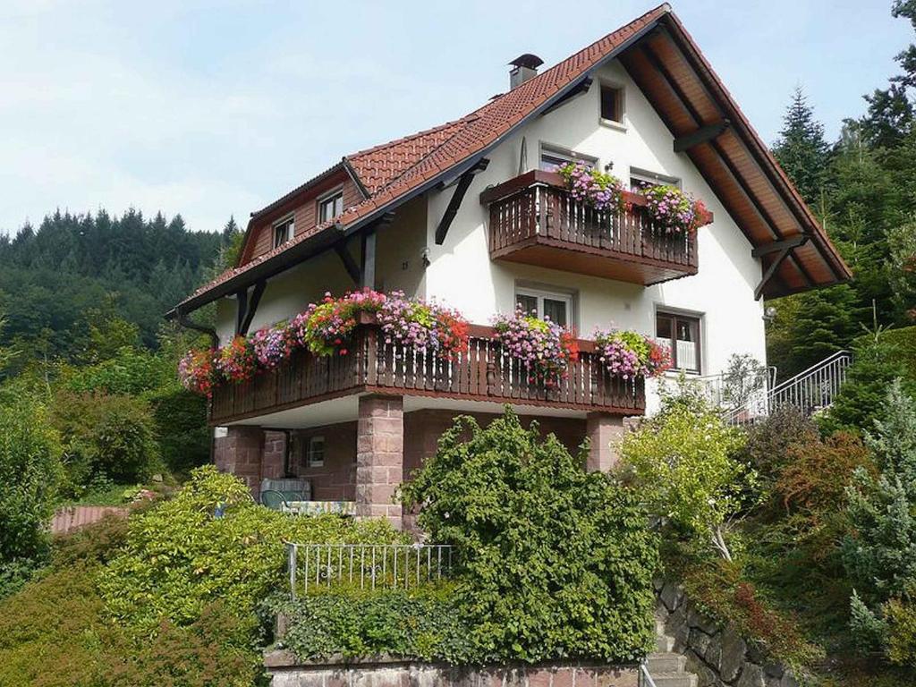 ein Haus mit Blumenkästen auf der Vorderseite in der Unterkunft Apartment Herbert Panter in Bad Peterstal-Griesbach
