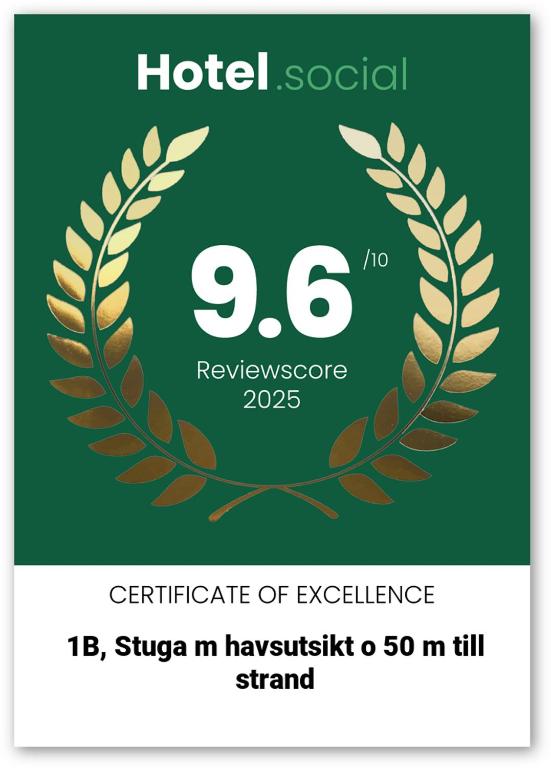 Certifikát, hodnocení, plakát nebo jiný dokument vystavený v ubytování 1B, Stuga m havsutsikt & 50m till strand