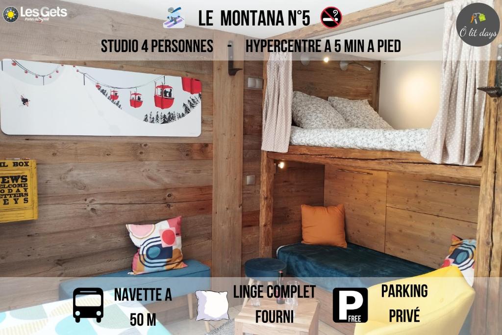 a room with bunk beds in a house at Le Montana - Studio rue du Centre - Cosy et Montagnard - Navette in Les Gets
