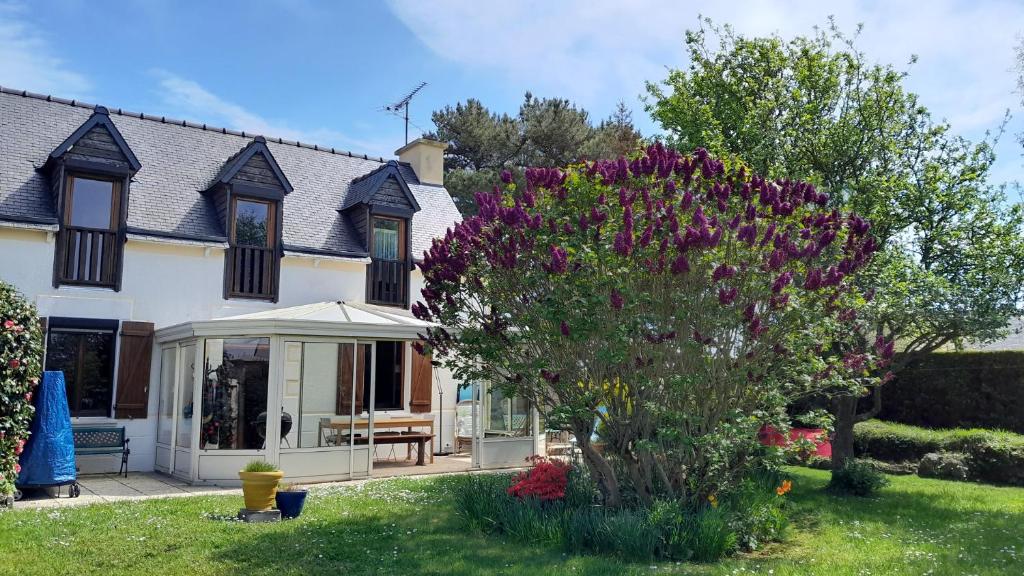 une maison avec un jardin et un arbre aux fleurs violettes dans l'établissement Maison Croas Zellour, à Ploubazlanec