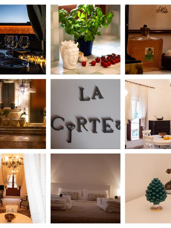 a collage of pictures of different rooms at La Cortese, cuore barocco in Noto