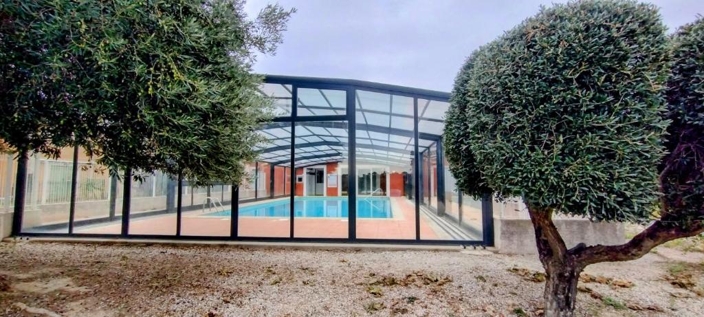 a glass house with a swimming pool and a tree at Maison cosy au bord du canal, piscine et parking in Béziers