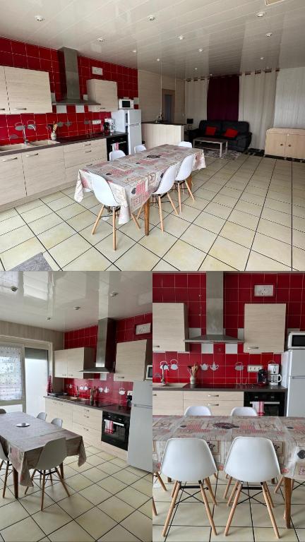 d'une cuisine avec une table, des chaises et des murs rouges. dans l'établissement Maison d'hôtes de l'étang, à Perrecy-les-Forges