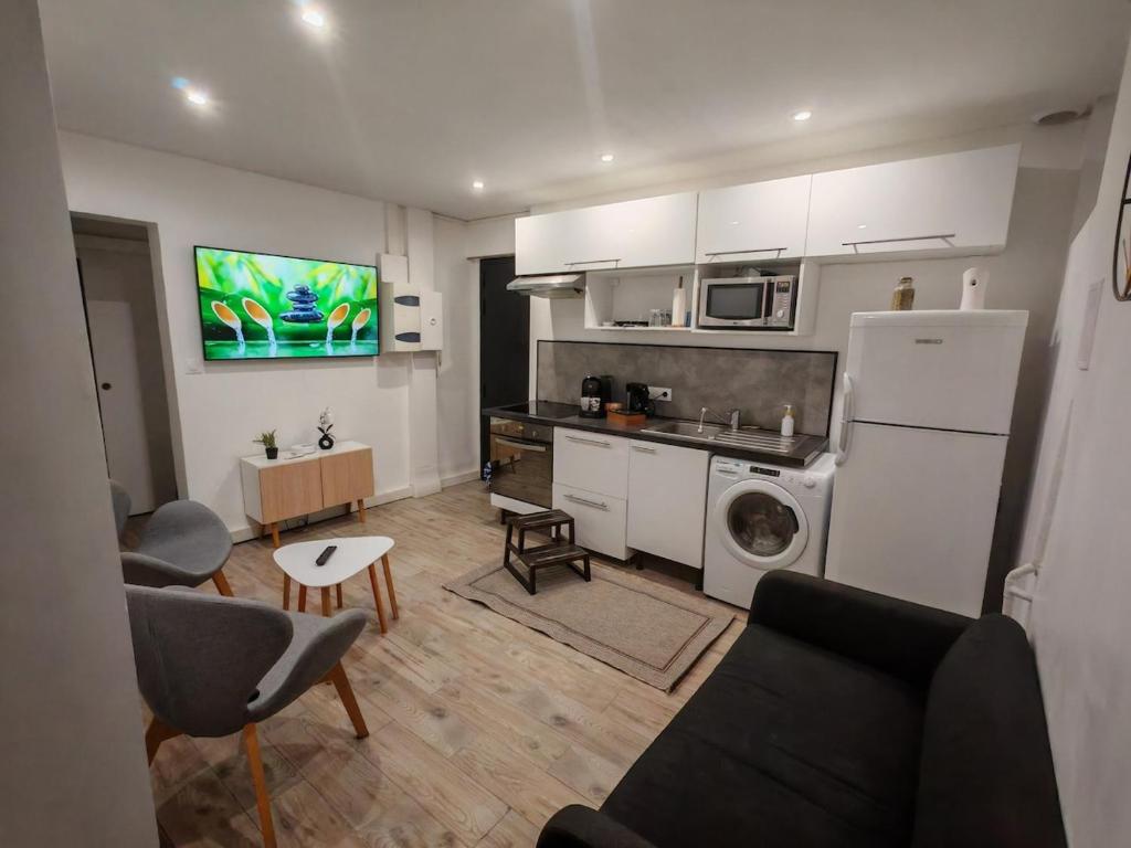 Il dispose d'une cuisine et d'un salon avec un canapé et un réfrigérateur. dans l'établissement Logement Heliconia proche Paris et aéroport Charles de Gaulle, à Drancy