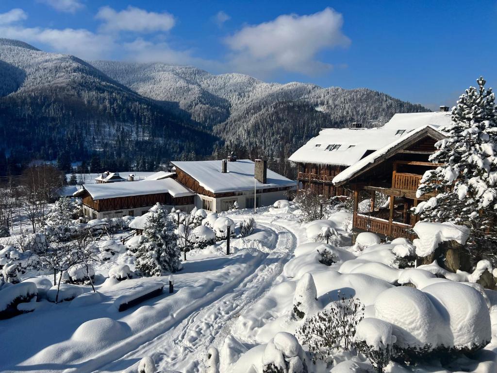 una montaña cubierta de nieve con un lodge en el fondo en Koruna, en Tatariv