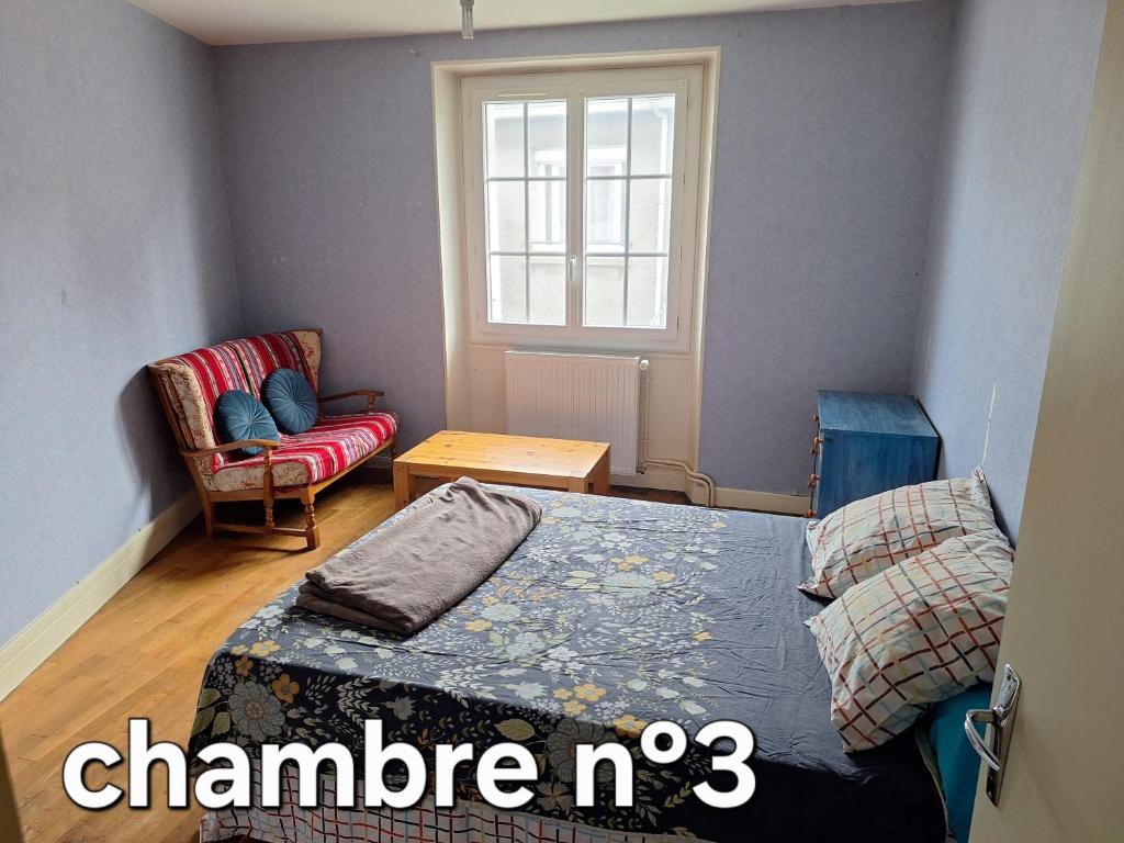 Un dormitorio con una cama y una silla y una ventana. en Gîte 6 personnes, en La Souterraine