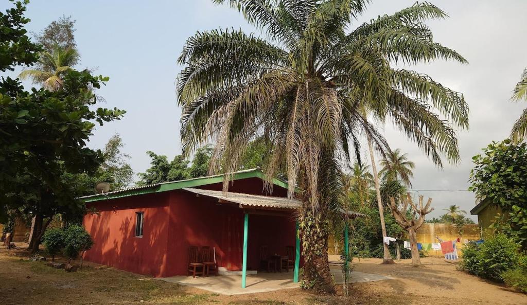 ein rotes Haus mit einer Palme davor in der Unterkunft Red Villa on Lionsrest 