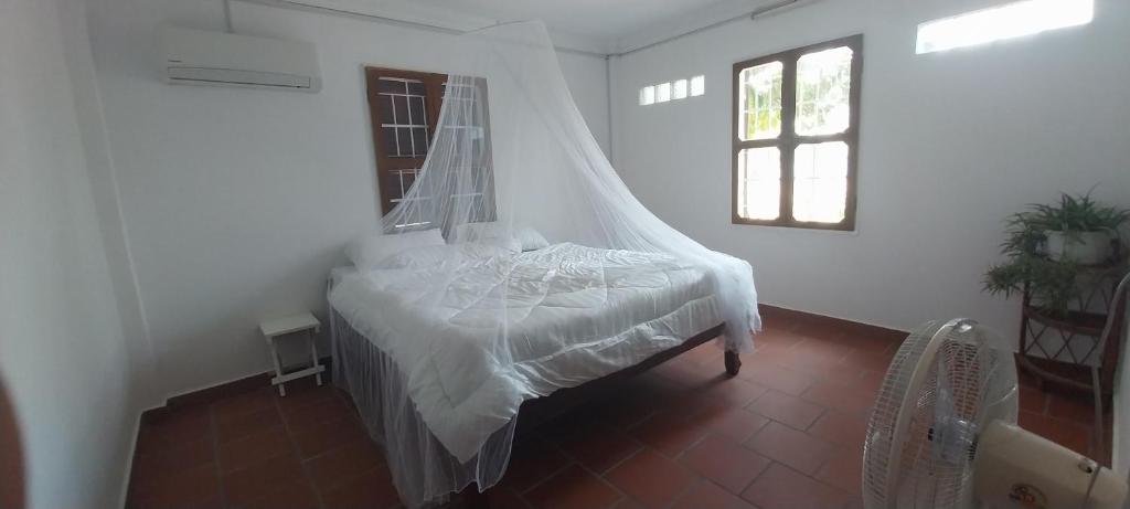 een slaapkamer met een bed met een klamboe bij Roza Guest House in Kampot