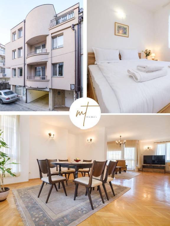 a bedroom and a room with a bed and a table at The Hill House Free Parking in Plovdiv