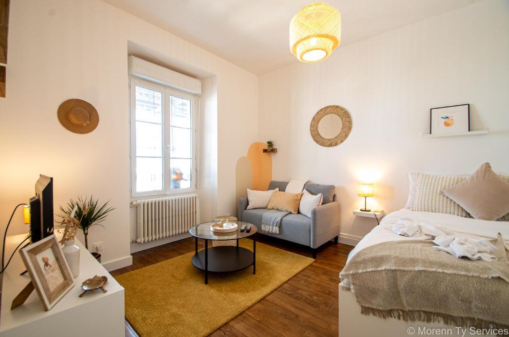 un salon avec un lit et un canapé dans l'établissement T1 Odorico proche gare - Ty Artiste Colombia, à Rennes
