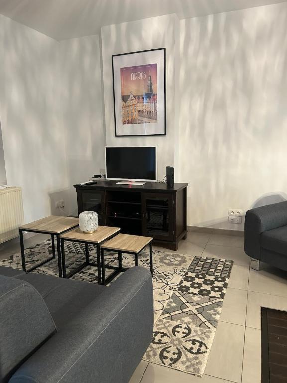 un salon avec un canapé et une télévision dans l'établissement Gîte de la Source, à Feuchy