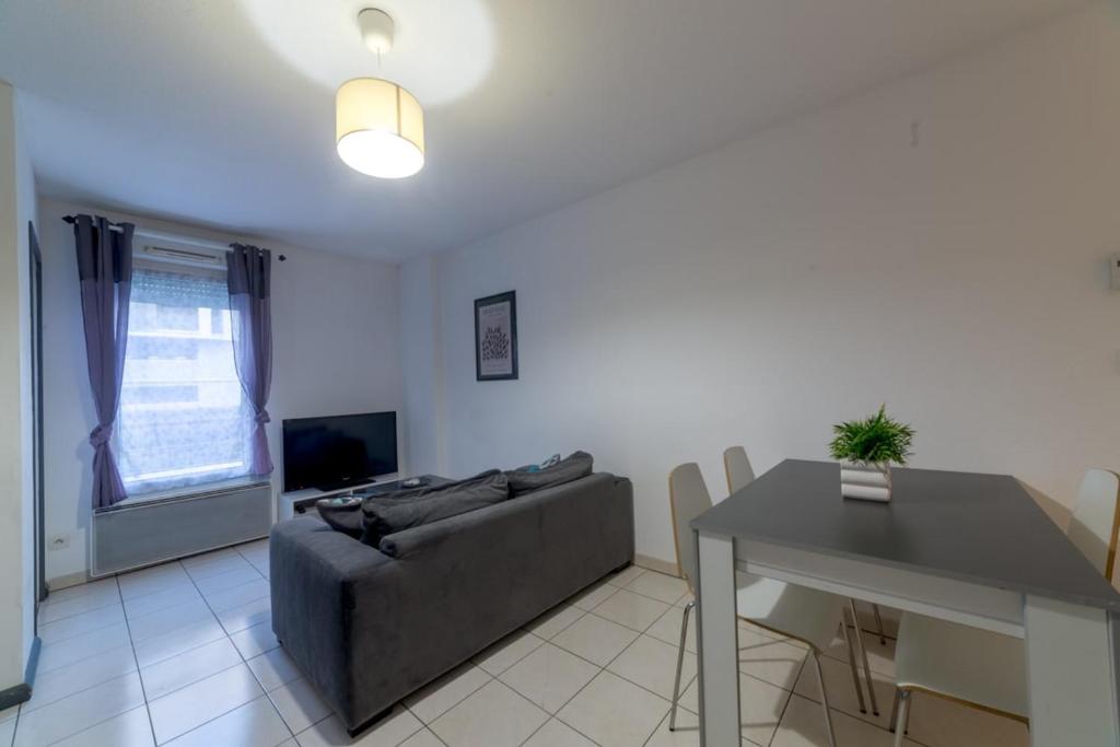 un salon avec un canapé et une table dans l'établissement Charmant appartement - Villeurbanne Centre, à Villeurbanne