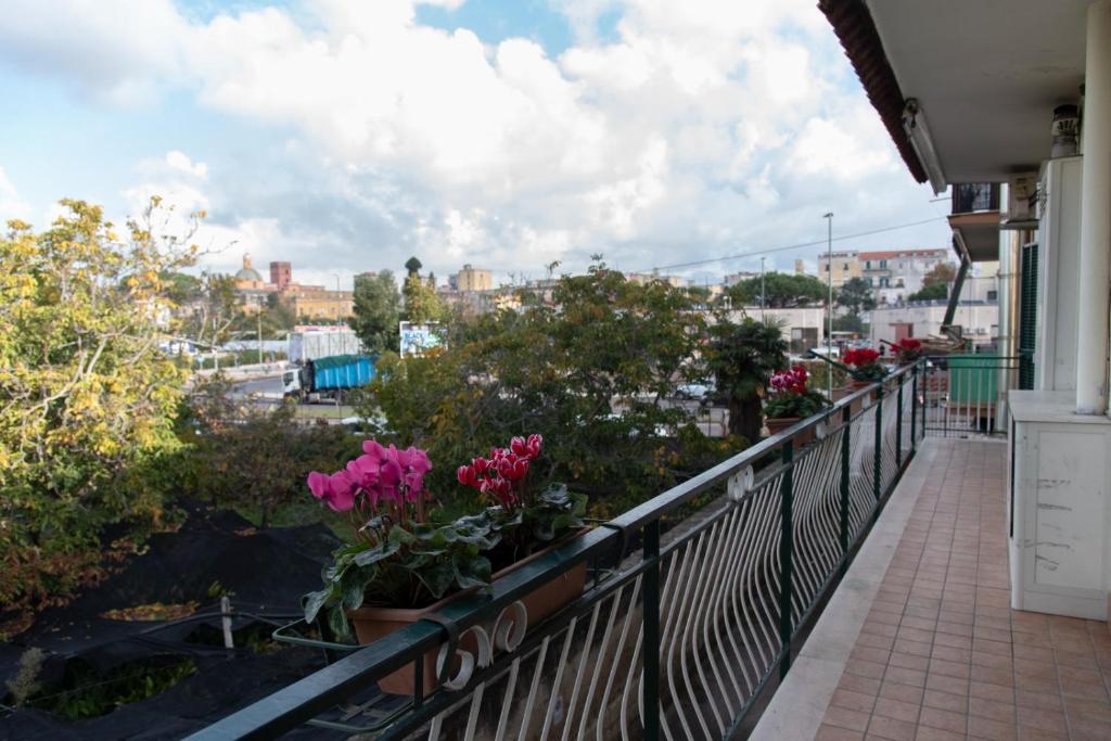 a balcony with flowers and a view of a city at Casa Vacanze Residenziale in Naples