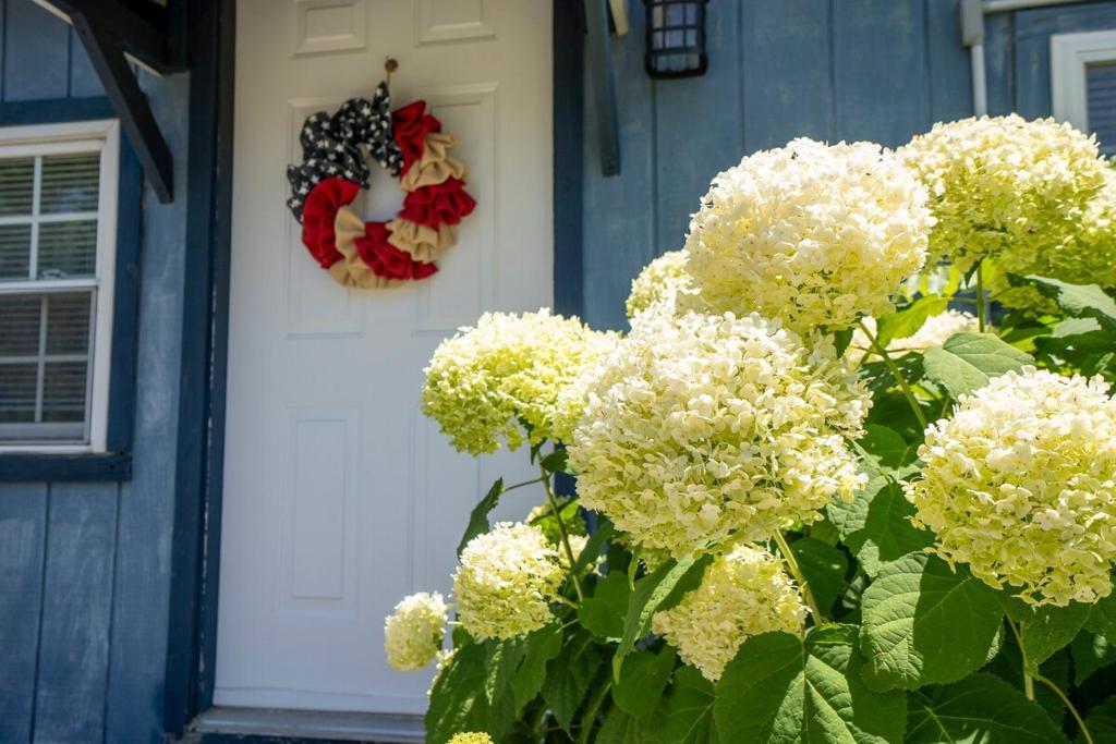 une couronne sur la porte d'une maison avec des fleurs blanches dans l'établissement BnBs Dog Friendly Cottage, à Lewes