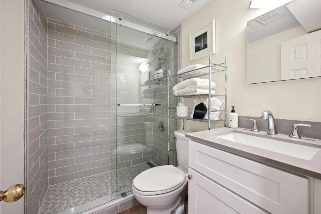 a bathroom with a shower and a toilet and a sink at NEW Classy Dupont-Logan Apt Parking in Washington, D.C.