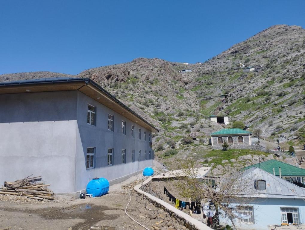 a building with a mountain in the background at Hazrati Dovud Guest House in Samarkand