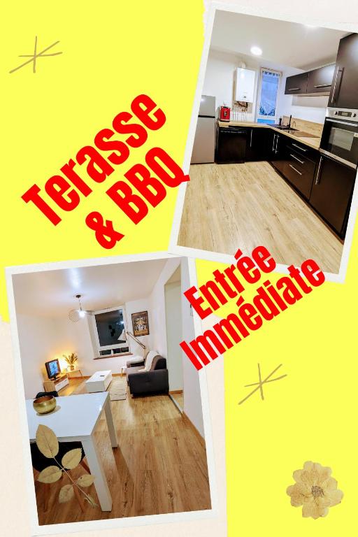 d'une cuisine et d'un salon. dans l'établissement Appart COSY 2 ch avec Terrasse privé & BBQ, à Charmes