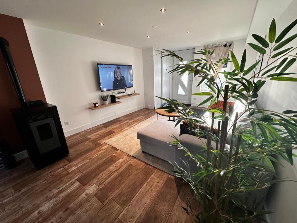 a living room with a couch and a tv at Charmante Maison in Abrest