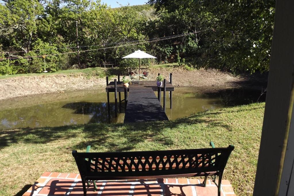 a bench sitting next to a pond with an umbrella at Brambleberry Farm in Riebeek-Kasteel