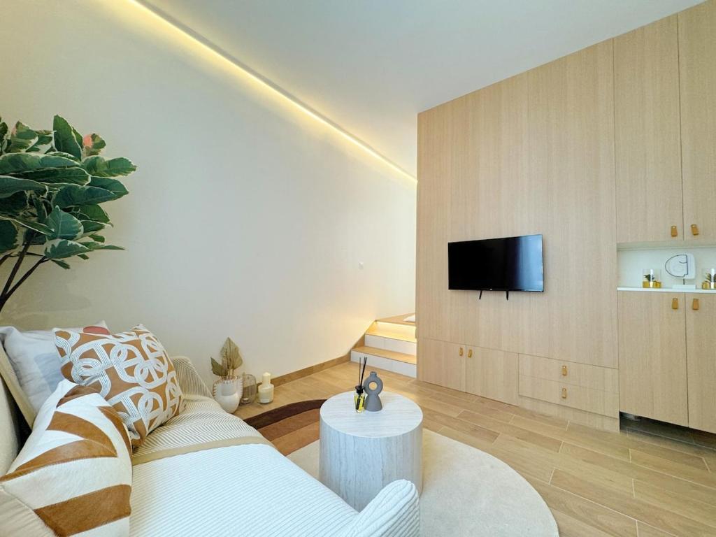 un salon avec un canapé et une télévision dans l'établissement Chic Cosy Calm - Monparnasse, à Paris