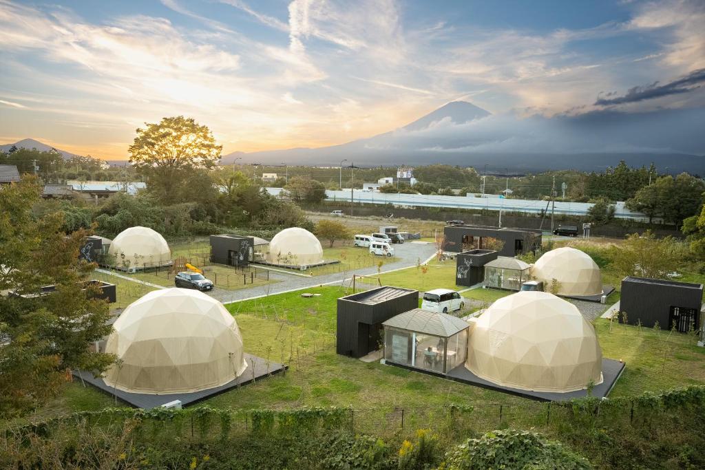 a group of domes in a field with a mountain in the background at Relam Glamping Resort Gotemba in Gotemba