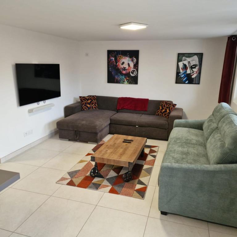 un salon avec un canapé et une table basse dans l'établissement Spacieux et Calme avec parking gratuit, à Grézieu-la-Varenne