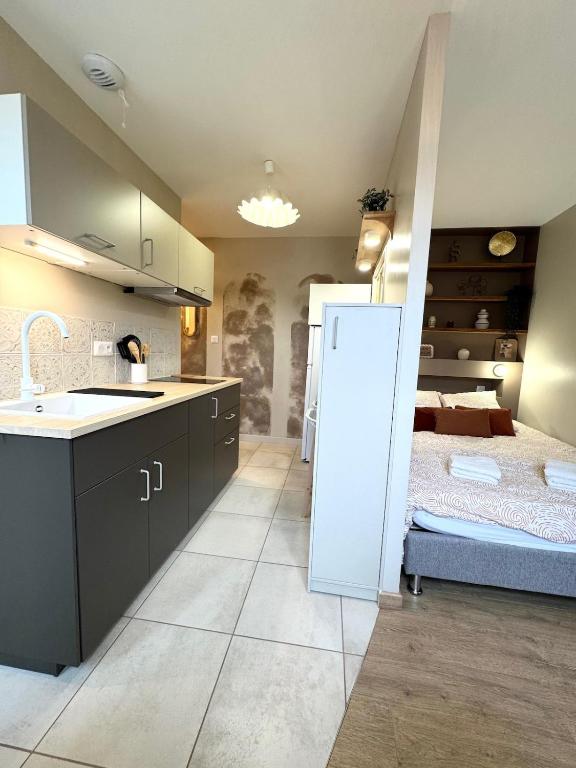 une cuisine avec un évier et une chambre avec un lit dans l'établissement La Cachette, à Dijon
