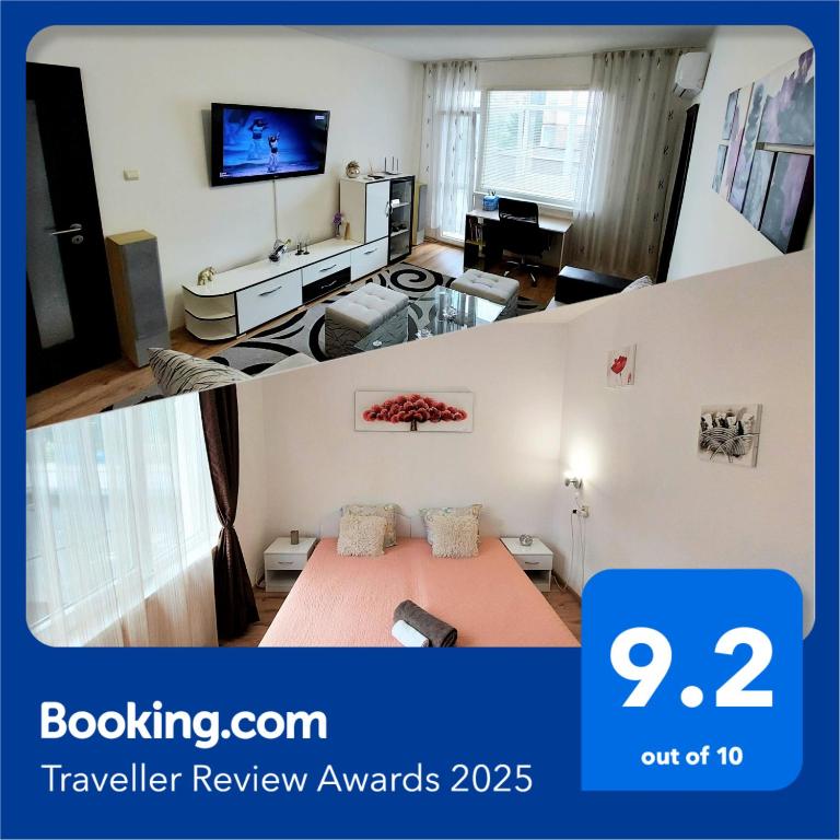TV a/nebo společenská místnost v ubytování 3 Rooms Apartment, Top Center, 1st Floor, AUBG, WiFi, PC i5 SSD, Tablet, AndroidMiTvBox, 3 LED TVs 200 Channels, Long Terrace, Self-Easy-Late Check-in, Stay Before Greece