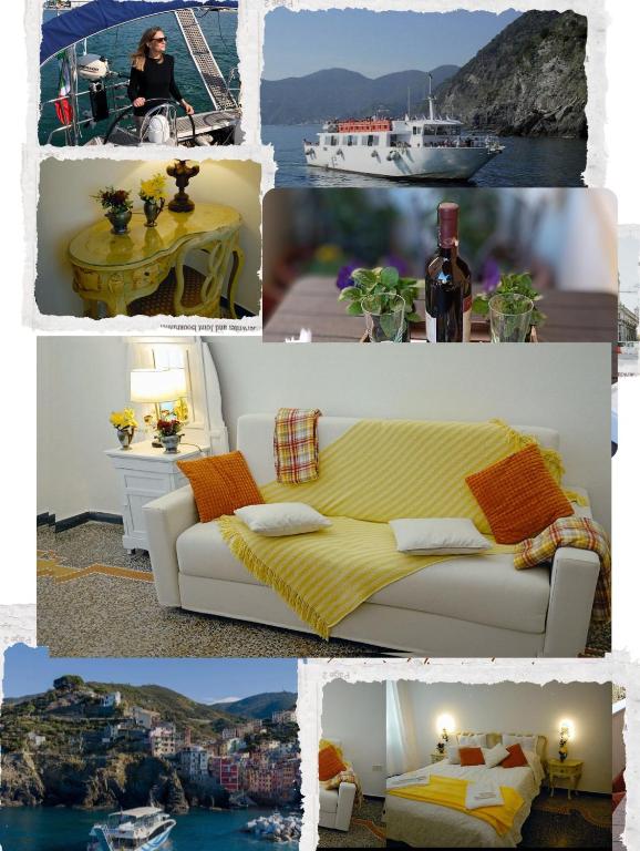 a collage of photos with a bed and a boat at Small Luxury House in La Spezia