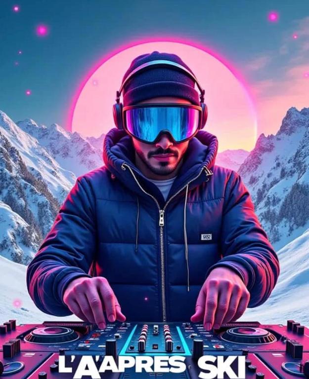 Un homme tapant sur un clavier dans la neige dans l'établissement Après ski, à Château-Bernard