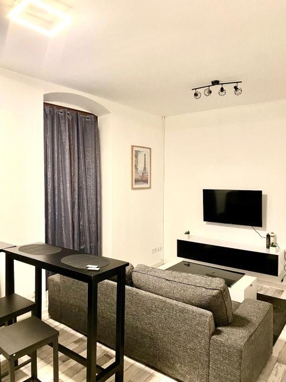 un salon avec un canapé et une télévision à écran plat dans l'établissement Bel appartement face à la gare, à Veneux-les-Sablons