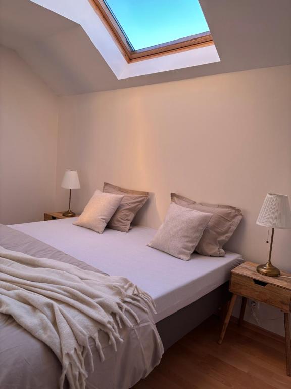 a bedroom with two beds with a skylight at Évasion à Durbuy in Famenne