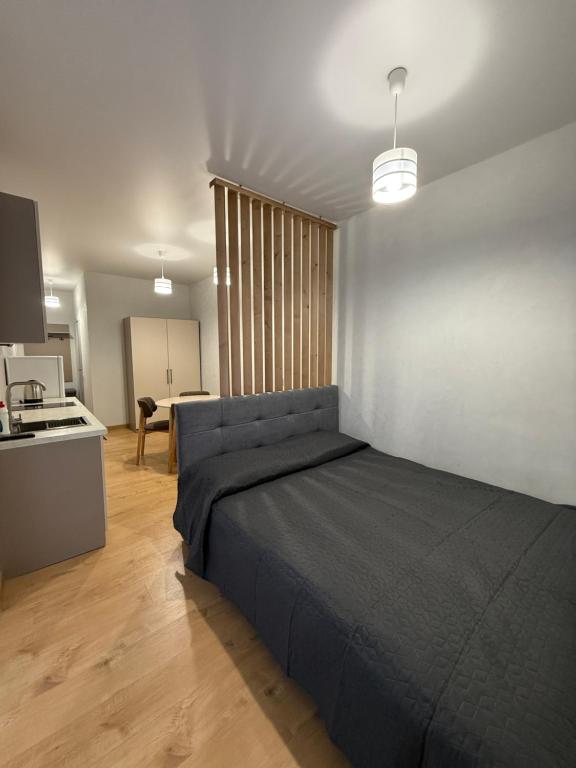 a bedroom with a large bed and a kitchen at Green door in Kolomyya