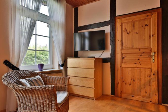 een woonkamer met een televisie en een houten deur bij Hof Wiesentau in Bösdorf