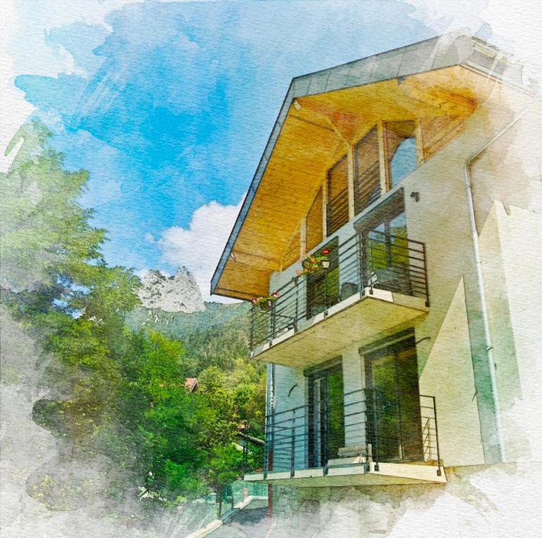 a painting of a building with balconies and trees at La Fruitière de Vérel, logements modulables neufs, calmes, entre lac et montagne, max 11 personnes in Rovagny