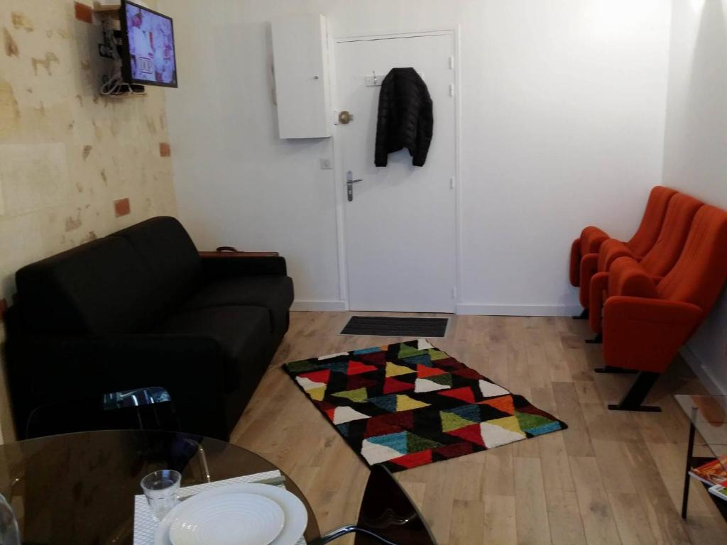 uma sala de estar com um sofá preto e um tapete colorido em beau studio centre ville em Bordeaux