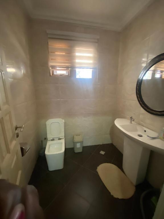 une salle de bain avec un lavabo, des toilettes et un miroir dans l'établissement Love at first sight, à Apenkwa