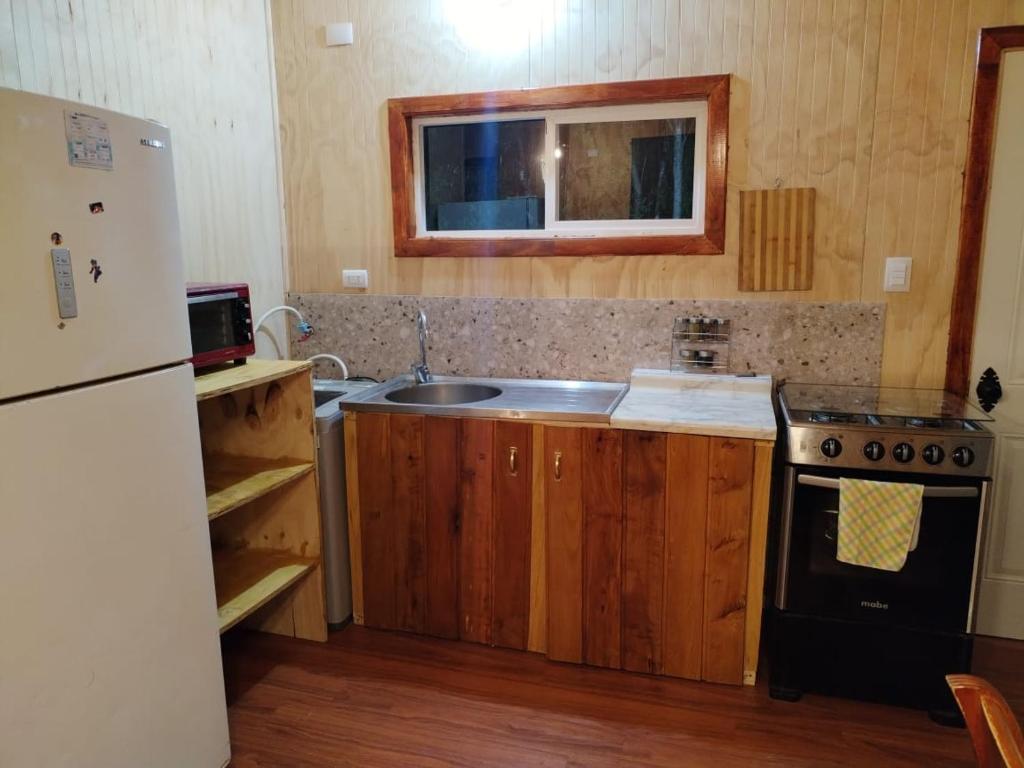 a kitchen with a white refrigerator and a sink at Cabaña el Maitén Ensenada in Puerto Varas