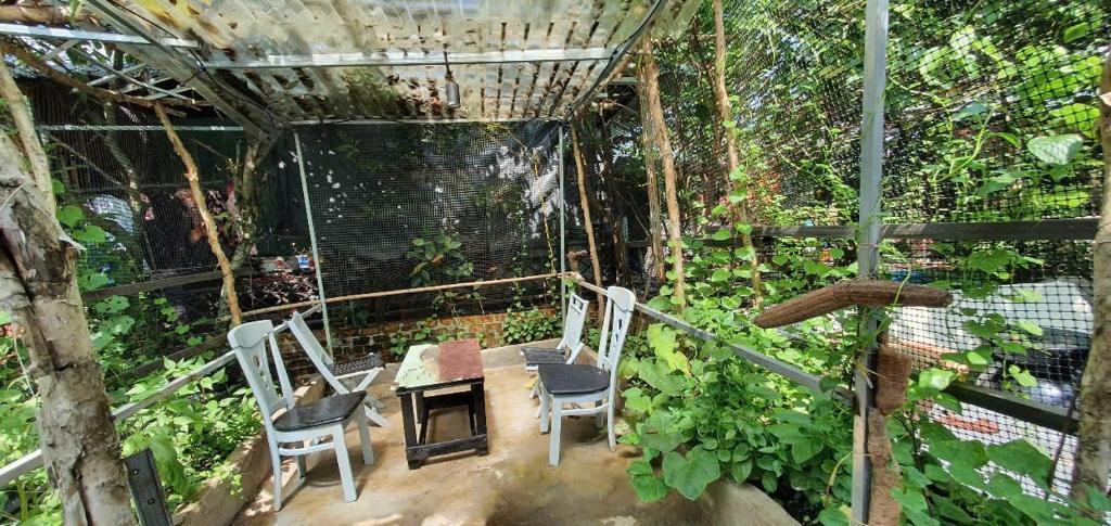 a pergola with a table and chairs in a garden at Happy Farm Homestay in Ấp Long Ðại