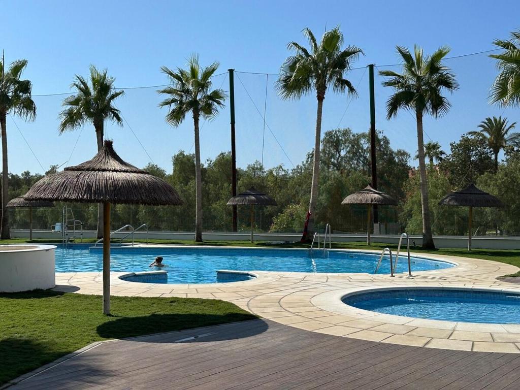 a pool with palm trees and a person in the water at Apartamento Playa Granada Golf in Motril