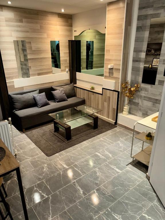 un salon avec un canapé et une table en verre dans l'établissement Appartement moderne centre ville de Dijon, à Dijon