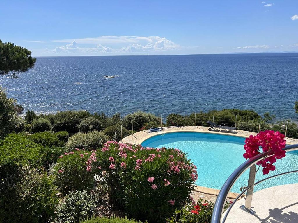 une piscine avec vue sur l'océan dans l'établissement Très belle villa accès mer et vue panoramique, à Porto-Vecchio