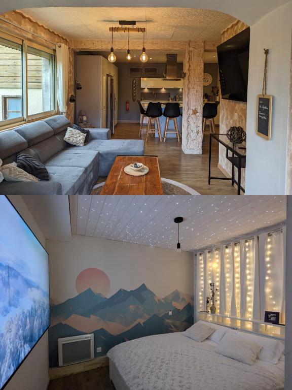 un salon et un salon orné d'une fresque murale de montagne. dans l'établissement Les Myrtilles, appartement au pied des pistes, à Saint-Pierre-dels-Forcats