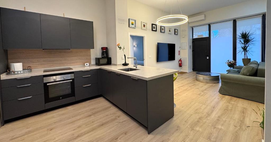 a kitchen with black cabinets and a living room at LUXURY SUITE Wifi AC SERVICIOS EN LA PUERTA in Madrid