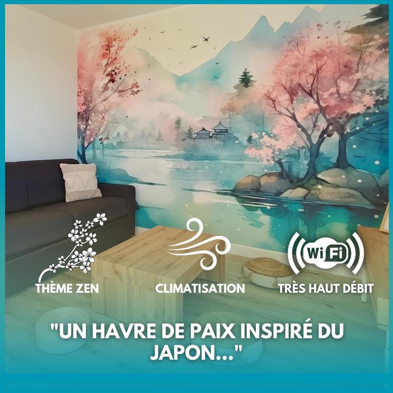 une chambre avec une peinture d'un lac dans l'établissement La Parenthèse Zen - Grande terrasse avec vue, à Toulouse