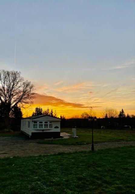 a house in a field with a sunset in the background at Ferienhaus im Villengarten in Neustadt am Kulm
