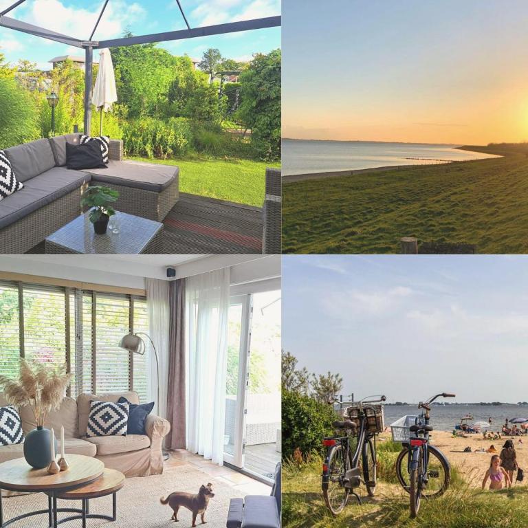 a collage of photos of a living room and a beach at Charmante woning omheinde tuin, dichtbij strandje VP023 in Herkingen